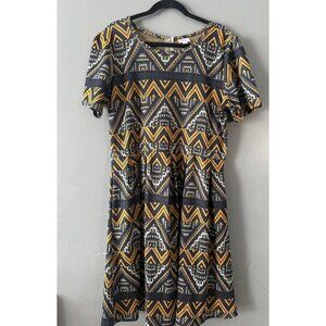 LuLaRoe 3XL Tribal Aztec Geometric Print Dress Black Gold Boho Short Sleeve